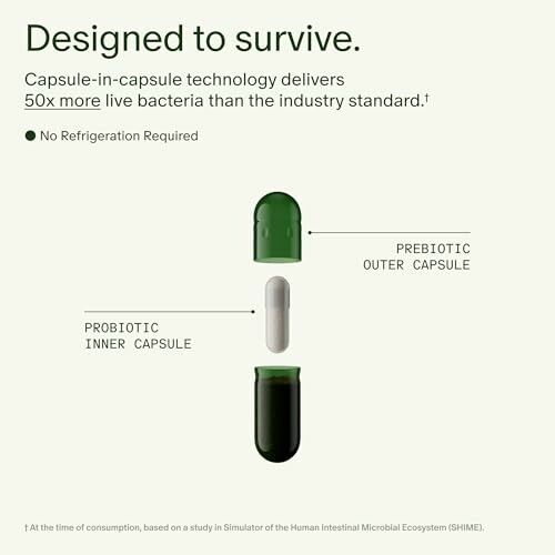 Probiotic capsule-in-capsule design with prebiotic outer capsule and probiotic inner capsule, no refrigeration needed.