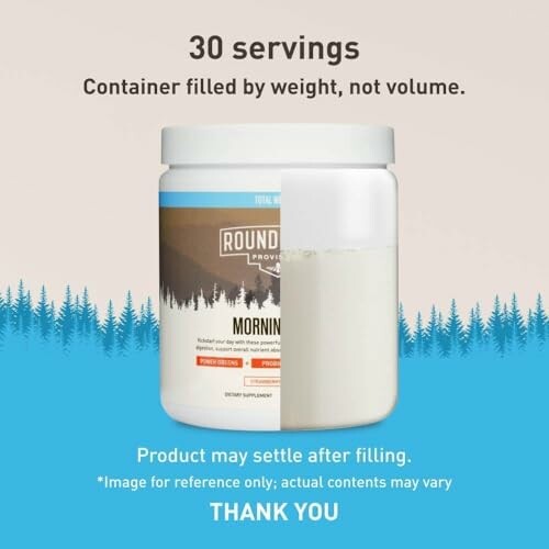 Protein powder container with label and serving information.