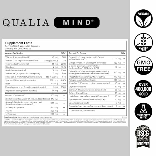 Qualia Mind supplement facts and certifications, including vegan, gluten-free, GMO-free, third-party tested.