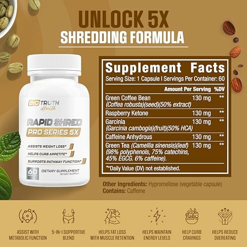 Rapid Shred supplement bottle with ingredient list and benefits.
