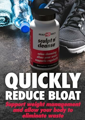 Bottle of Sculpt n' Cleanse with gym shoes and water bottle.