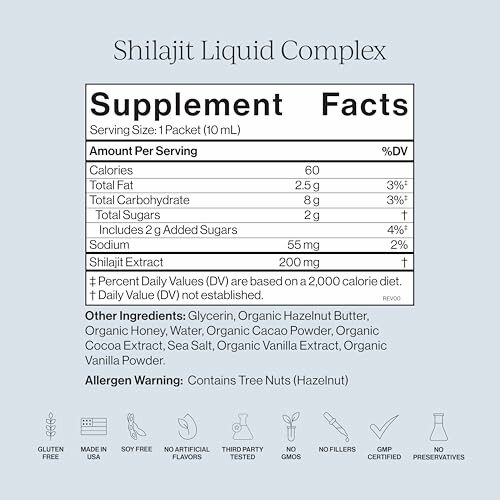 Supplement facts for Shilajit Liquid Complex with ingredients and allergen warning.
