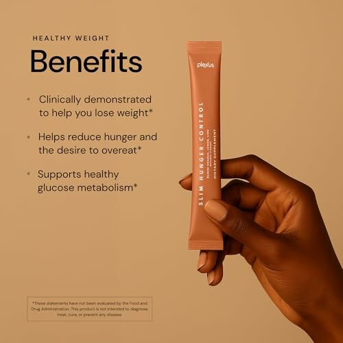 Hand holding Plexus Slim Hunger Control packet with benefits listed.
