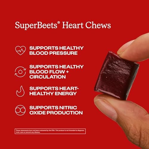 SuperBeets Heart Chews benefits listed with hand holding a chew.