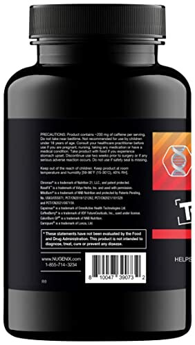 Back label of Nugenix Thermo-X supplement bottle showing product information and warnings.