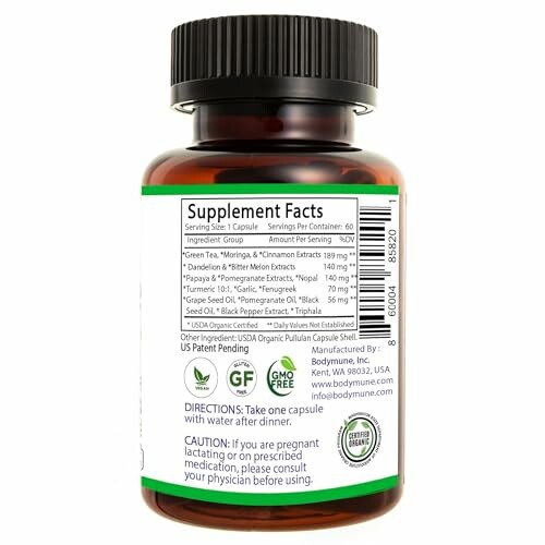 Back view of a supplement bottle showing nutrition facts and certifications.