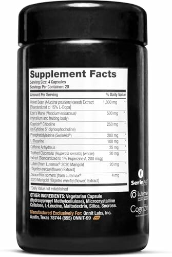 Back of supplement bottle showing supplement facts and ingredients.