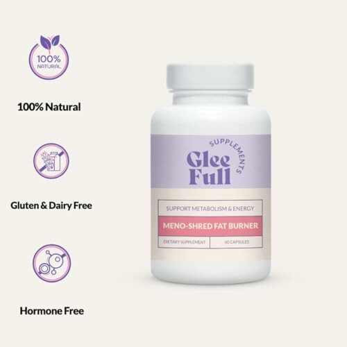 Supplement bottle with claims: 100% natural, gluten and dairy free, hormone free.