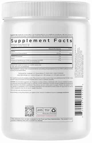 Back of a supplement bottle showing nutritional information and usage instructions.
