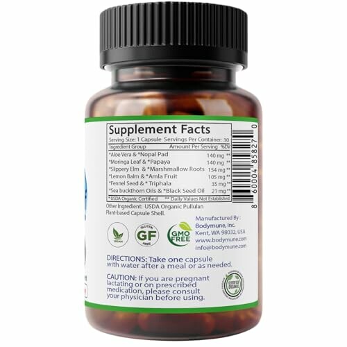 Supplement bottle with nutrition facts label.