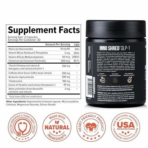 Inno Shred GLP-1 supplement facts and product image.
