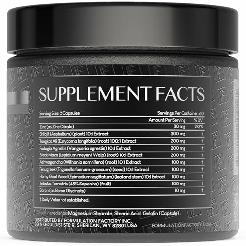 Jar with supplement facts label listing ingredients and serving details.