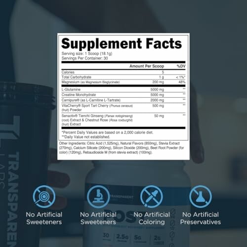 Supplement facts label with product benefits listed below.