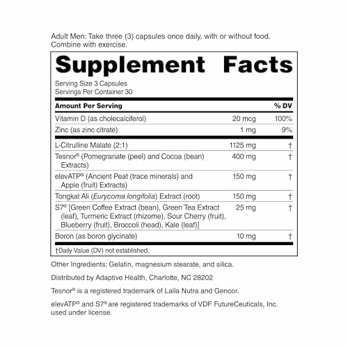 Supplement facts label detailing ingredients and daily values.