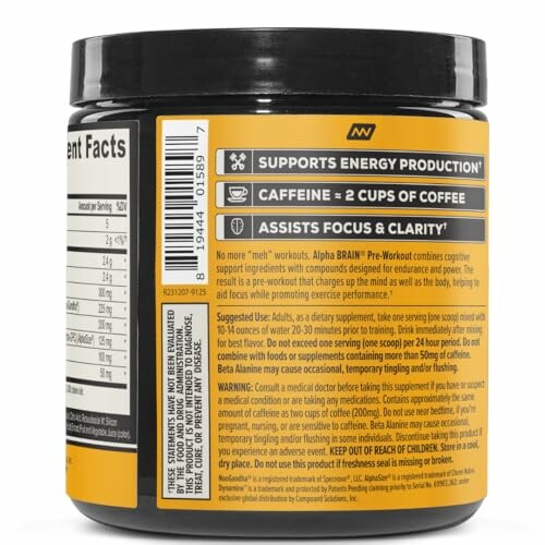 Supplement container with energy and focus benefits.