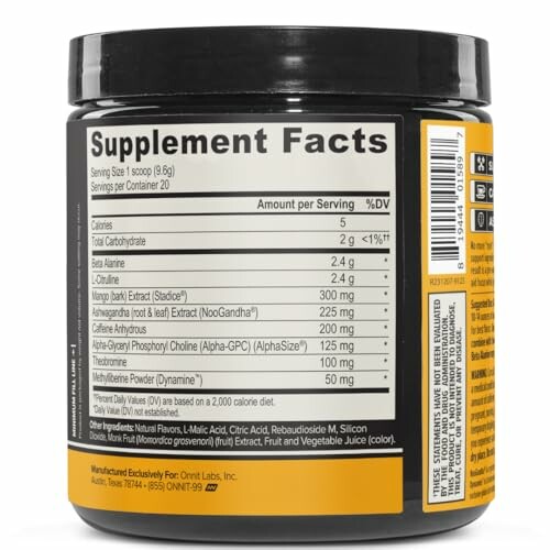 Supplement facts label on a container detailing nutritional information and ingredients.