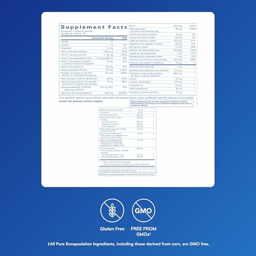 Supplement facts label with gluten-free and GMO-free icons.