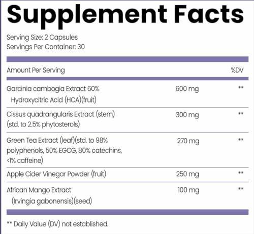 Supplement facts label listing ingredients and amounts per serving for a dietary supplement.