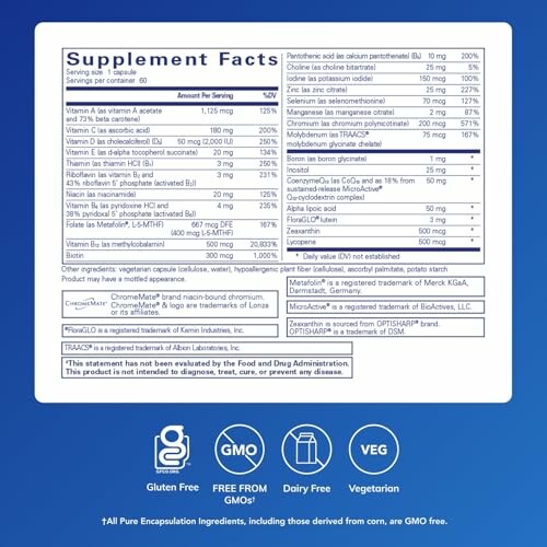 Supplement facts label with nutritional information and certifications icons, showing the comprehensive blend of essential vitamins and antioxidants.