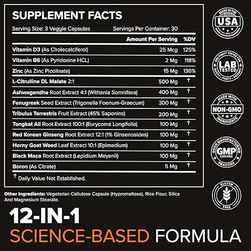 Supplement facts label for 12-in-1 science-based formula, listing vitamins, extracts, and minerals.