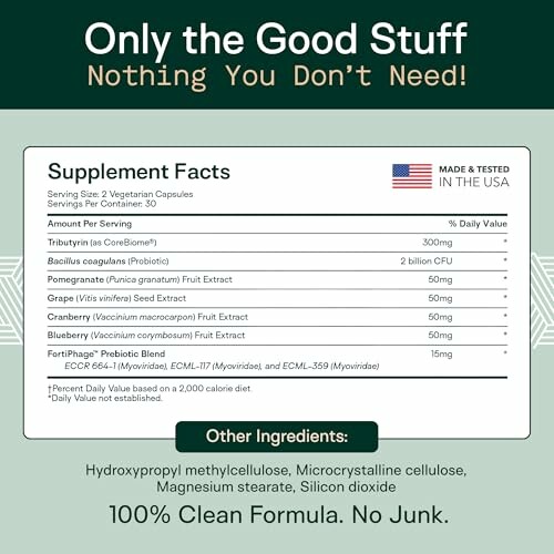 Supplement facts label with ingredients and a clean formula statement.
