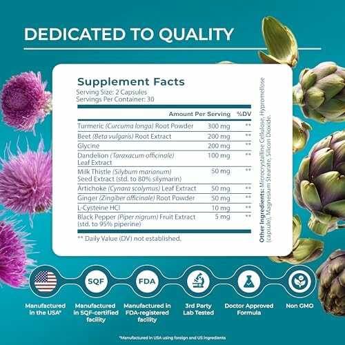 Supplement facts label with ingredients and certification logos.