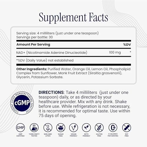 Supplement facts label for a NAD+ product with directions and certification icons.