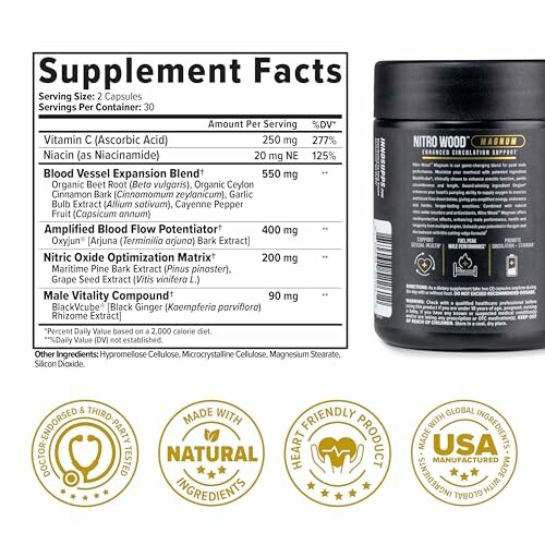 Nitro Wood supplement facts and certification logos.