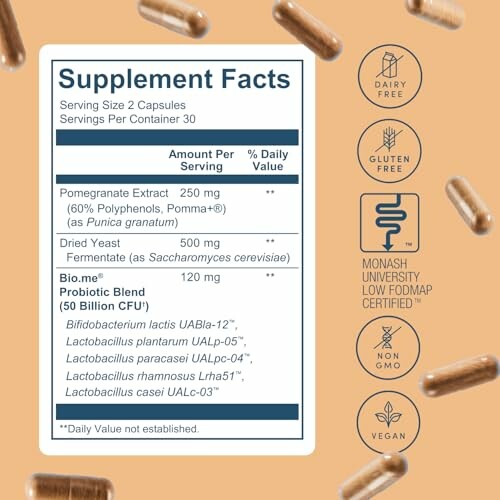 Supplement facts label for capsules with certifications for dairy-free, gluten-free, non-GMO, vegan, and low FODMAP.