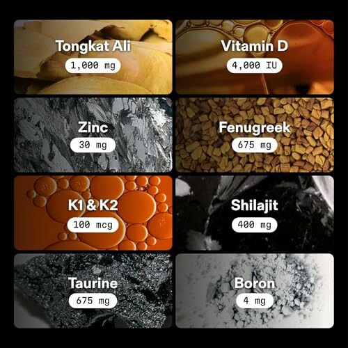 Grid of various supplement ingredients with labels and dosages.