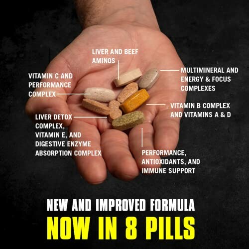 Hand holding various supplements labeled for liver health, energy, and immune support.
