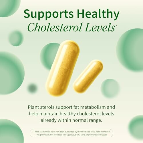 Image of capsules with text about supporting healthy cholesterol levels.