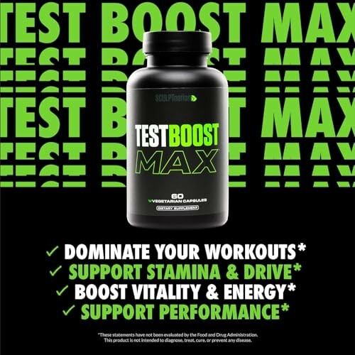 Test Boost Max supplement bottle with benefits listed.