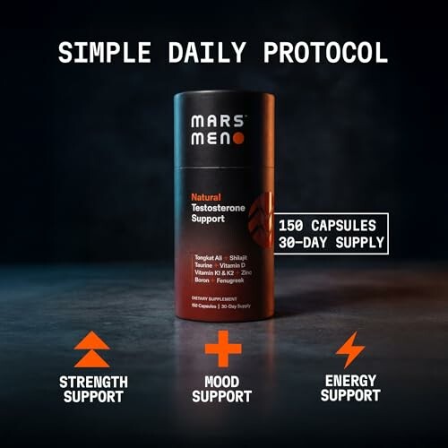 Mars Men testosterone support supplement with 150 capsules for 30-day supply.