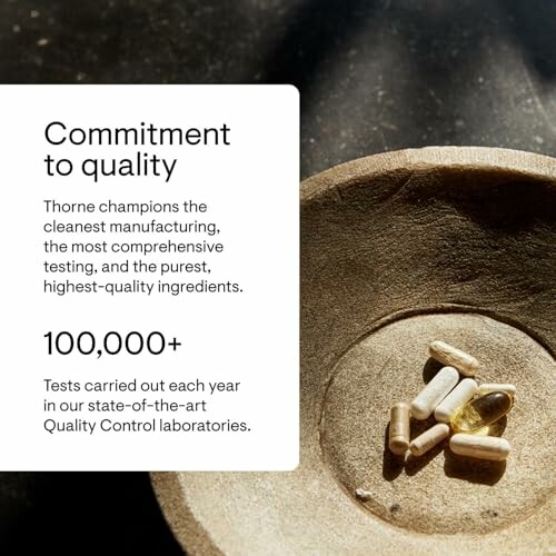 Thorne supplements in a bowl with text on quality commitment.