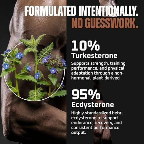 Supplement advertisement highlighting benefits of turkesterone and ecdysterone for strength and performance.