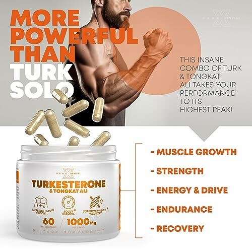 Supplement jar with capsules, promoting muscle growth and strength.