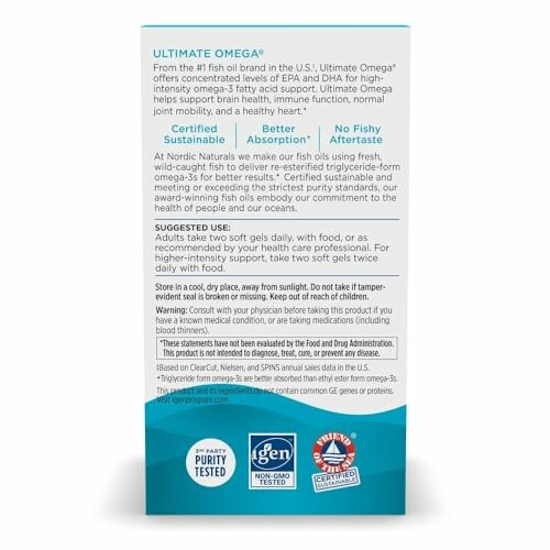 Back of Ultimate Omega supplement box with product details and certifications.