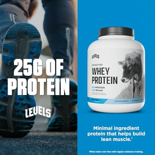 Whey protein container with running shoes in the background