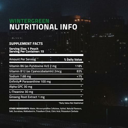 Nutritional information for wintergreen supplement including vitamins and ingredients.