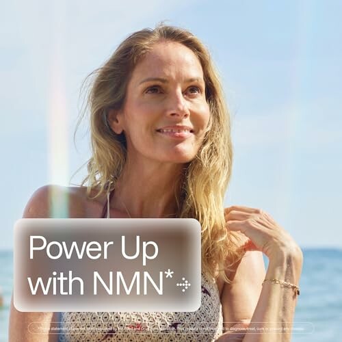 Woman at the beach with 'Power Up with NMN' text overlay.