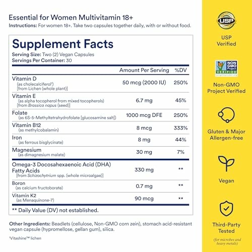 Supplement facts for women's multivitamin, including vitamins and ingredients.